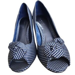 Ann Marino Peep Toe Pumps Women Size 10M Blue Gingham Plaid Bow Heels Rockabilly